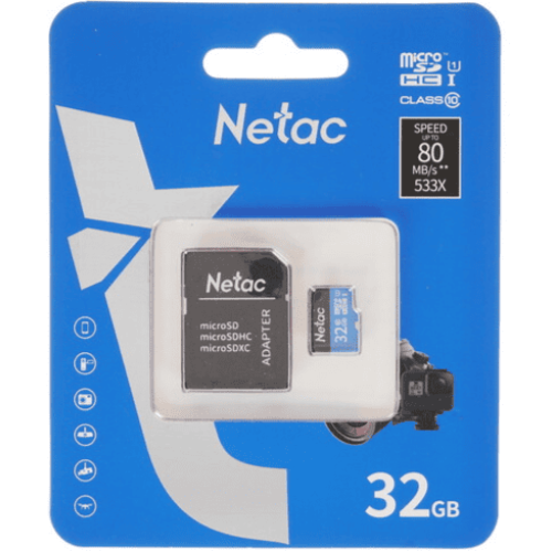 Карта памяти micro SDHC 32Gb P500 Class 10 UHS-I U1 Netac (+адаптер) (R/W 80/60 MB/s)
