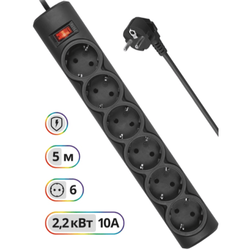 Сетевой фильтр (5м) 6р. Defender DFS 155 черный